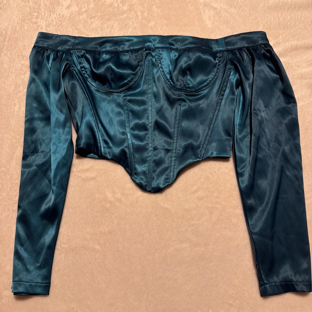 Fashion Nova Teal Satin Off-Shoulder Corset Crop Top